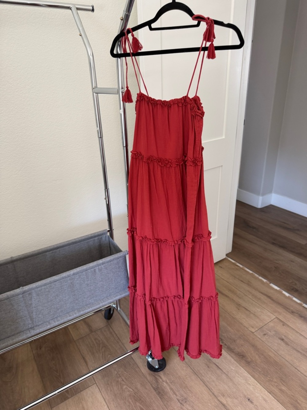 Tory Burch BrownRed Tiered Maxi Dress with Tassel Straps